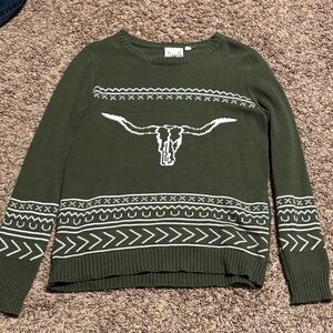 Olive Green Sweater with White Pattern